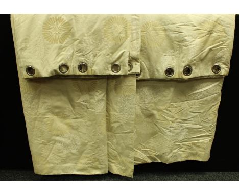 Textiles - a large pair of cream damask interlined curtains, eyelet topped