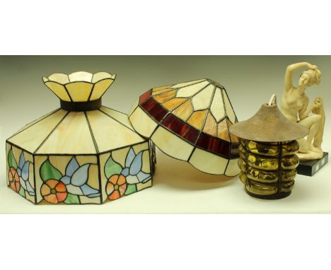 Interior Design - a Tiffany style octagonal lamp shade; another similar; a porch lantern; a resin figure of a classical femal