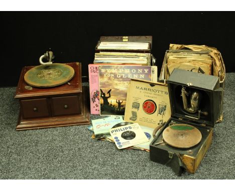 An HMV hornless gramophone; a Decca portable gramophone; selection of 78s and other vinyl records; qty