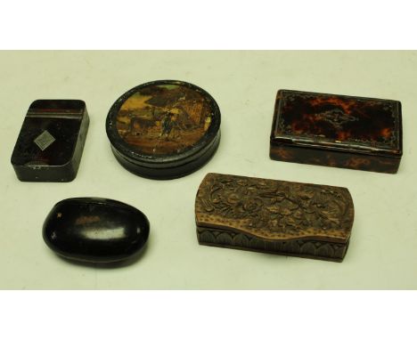 Snuff boxes - a George III rounded rectangular tolewear snuff box; another, ebonised and oval, etc (5)