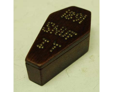 A 19th century novelty treen snuff box inscribed Snuffit 1891, 7cm long