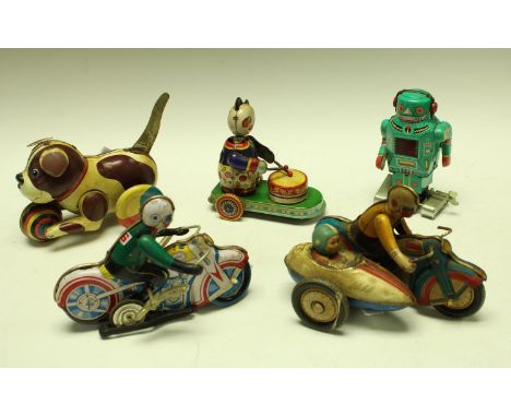 A Chinese tin-plate model motorcycle and side car; another similar; other tin plate models, a clockwork robot, panda with dru