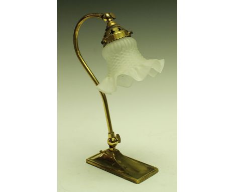An Art Nouveau style brass adjustable swan neck desk or reading lamp,  frilled and moulded frosted glass shade, rounded recta