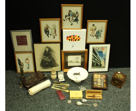Boxes &amp; Objects - a Victorian Gothic Revival walnut cube tea caddy; a pewter Apostle spoon; a carved horn figure; an alab