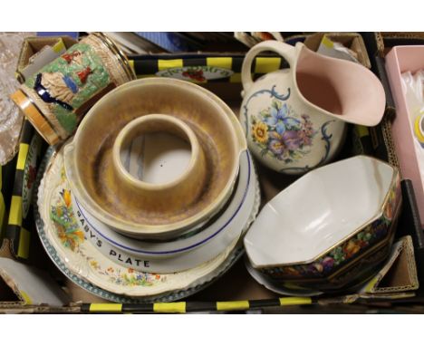 A SMALL TRAY OF CERAMICS TO INC AN AXE VALE JUG