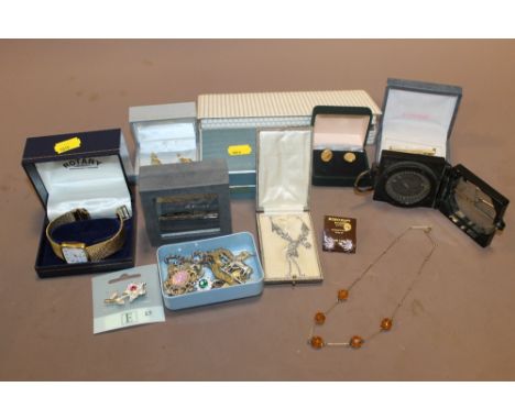 A BOX OF COSTUME JEWELLERY TO INC A ROTARY WATCH, BADGES, CHRISTIAN DIOR TIE SLIDES, MILITARY MARCHING COMPASS ETC