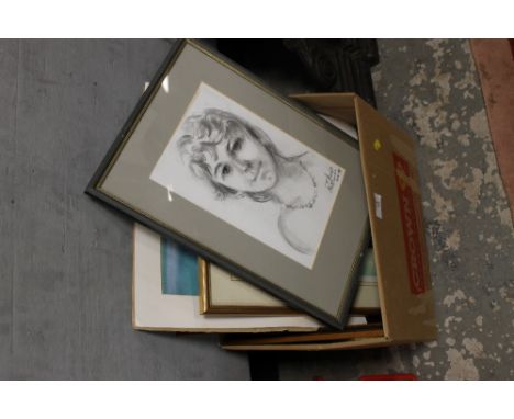 A BOX OF PICTURES & PRINTS TO INC A FRENCH PENCIL PORTRAIT