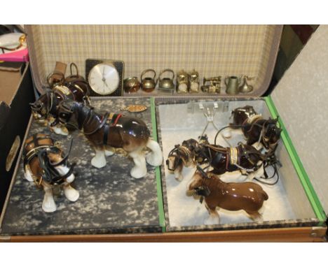 A VINTAGE SUITCASE & CONTENTS TO INC CERAMIC SHIRE HORSES