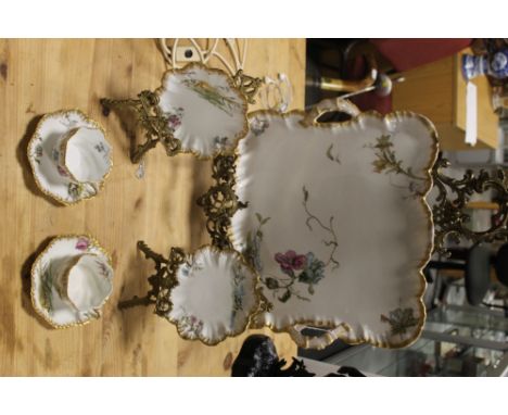 A LARGE SHAPED LIMOGES TWIN HANDLED RECTANGULAR PLATTER, gilt edged decoration with flowers, together with two cabinet cups a