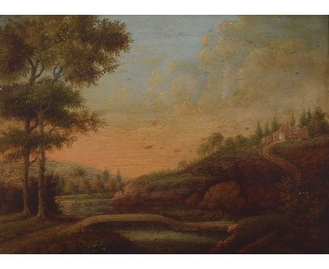 Unbekannter Künstler, Düsseldorfer Schule, um 1820,  weite hügelige Landschaft mit einer Klosterruine, Abendstimmung, Öl/Holz