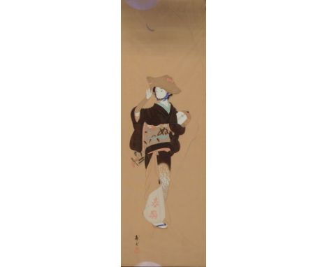 Seidenmalerei, Japan, um 1900,  Frau im Kimono mit einem Saiteninstrument, Gouache auf Seide, signiert, ca. 115x38cm, u.Gl., 