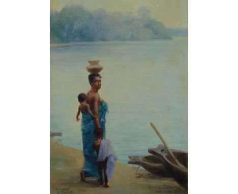 Richard Paraire, datiert Sassandra 1894,  Mutter mit Kindern am Ufer eines Sees, Öl/ Holz, rechts unten signiert und dat., li