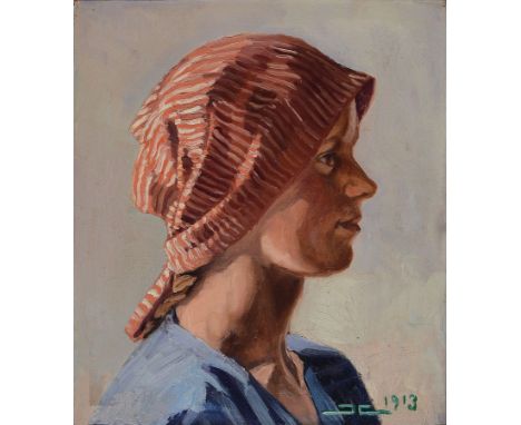 Monogrammist JC, datiert 1913,  Porträt eines norddeutschen Bauernmädchens, Öl/Lwd, rechts unten monogr. und dat. 1913, ca. 3