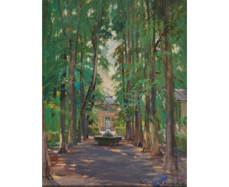 Adolf Merkel-Langkoch, geb. 1900 in Schwetzingen,  Ansicht aus dem Schlosspark in Schwetzingen, Gouache auf Papier, rechts un