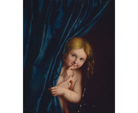 Unbekannter Künstler des 19. Jh.,  Amor hinter einem schweren Vorhang hervorlugend, Öl/Lwd, Kratzspur, unsigniert, ca. 32x27c