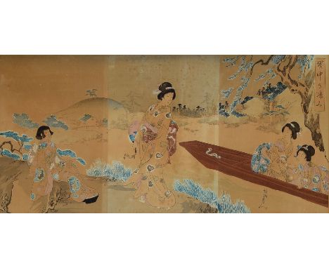 Dreiteiliger Farbholzschnitt, Japan, um 1900,  Damen im Boot bzw. am Ufer, altersbedingt gebräunt und verblasst, ca. 35x70cm,