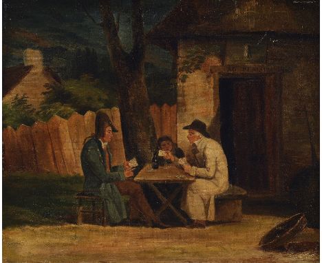 wohl französischer Künstler, um 1830/40,  Kartenspiel vor der Taverne, Türsturz mit Schriftzug 'Au plaisir', Öl/Lwd, unsignie