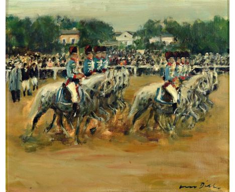 Otto Dill, 1884 Neustadt - 1957 Bad Dürkheim,  Reiterparade vor großem Publikum, berittene Husaren-Staffel im Gleichschritt, 
