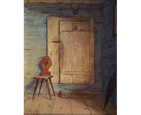 Paul Felgentreff, 1854 Potsdam-1933 München,  Interieur mit Brettstuhl und Schirm, auf der Tür dat. 1919, Öl/Lwd, links unten