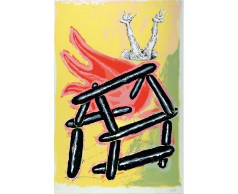 Jörg Immendorff, 1945-2007,  Das brennende Haus, Farbsiebdruck, handsigniert, num. e.a., ca. 81x55.5cm, PP. u.Gl., R. ca. 115