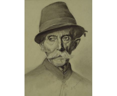 Max Oppenheimer, 1885-1954,  Porträt eines Bauern mit Hut, Bleistiftzeichnung, rückseitig num. 72, vorne und hinten signiert,