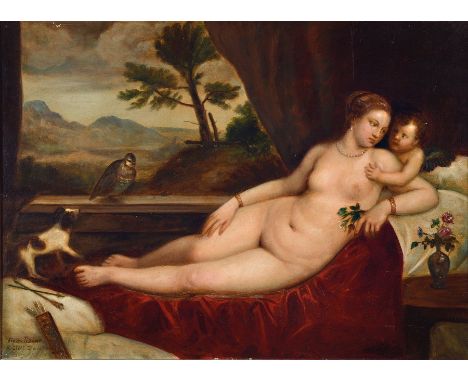 K. Etzel, deutscher Kopist um 1900,  Kopie nach Tizians 'Venus mit Cupido' (1550, Uffizien, Florenz), Öl/Holzplatte, links un