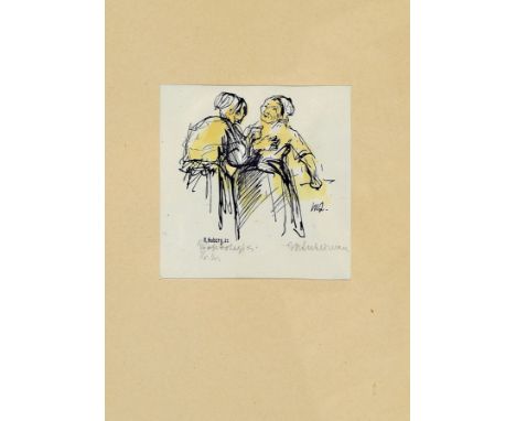 Max Liebermann, 1847-1935 Berlin,  zwei Marktfrauen im Gespräch, Farblithographie von R. Hoberg nach einer Zeichnung von Lieb