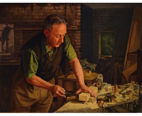 F. W. Pullen, britischer Künstler, 1930er/1940er Jahre,  The Village Carpenter, Schreiber an seiner Werkbank, Öl/Lwd, feine n