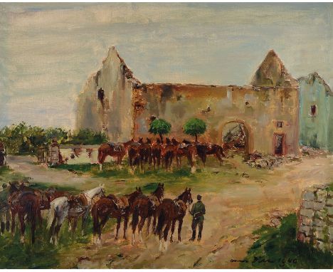 Otto Dill, 1884 Neustadt-1957 Bad Dürkheim,  Deutsche Kavallerie vor dem Kaplaneihof bei Landau, Öl/Lwd, rechts unten signier