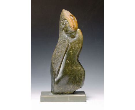 Gram Mupfudzapake, Inuit Kunst, Skulptur, 2. Hälfte 20. Jh.,  Speckstein bräunlich grün verlaufend, beschnitzt, Figur mit lan