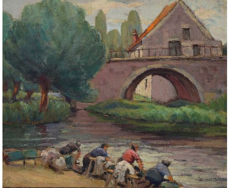 Zuschreibung: Felix Constant, 1865-1924,  2 Ölgemälde: Wäscherinnen am Flußufer, Öl/ Malkarton, unsigniert, ca. 38x46cm, R. c