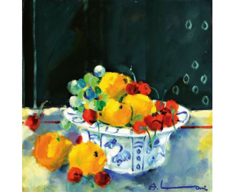 Adrien Moroni, geb. 1943 Monaco,  Studium Nizza, hier: La Coue a friuts de Delft, Öl/Lwd, rechts unten signiert, rückseitig b