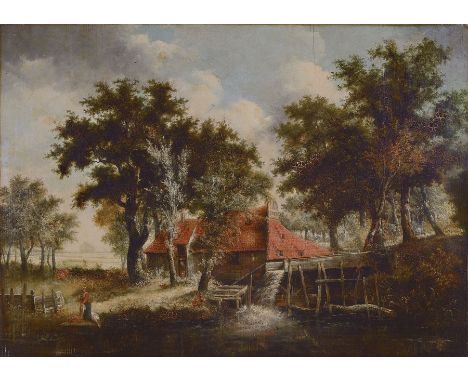Unbekannter Meister in der Nachfolge des Meindert Hobbema (1638-1709), 18. Jh.,  Wassermühle und Wäscherin am Ufer, Öl/Holz, 