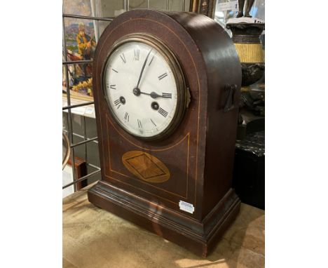 INLAID MAHOGANY CASE STRIKING MANTEL CLOCK (WITH KEY &amp; PENDULUM)