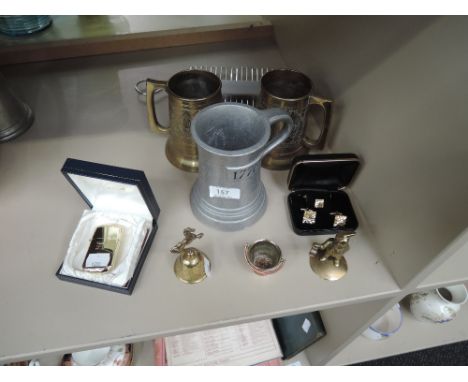 A selection of vintage brass and similar items including tankard pair, solid brass Ronson Lighter etc