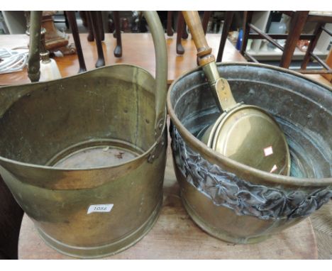 A brass coal bucket, similar planter and warming pan