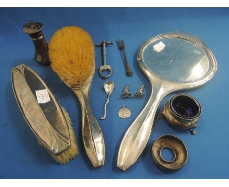 A selection of HM silver and white metal including pepperette, dressing table set, pickle fork etc