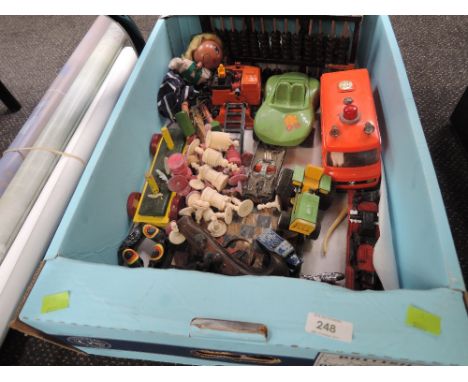 A box of vintage childrens toys including Tonka, Corgi, Lesney etc