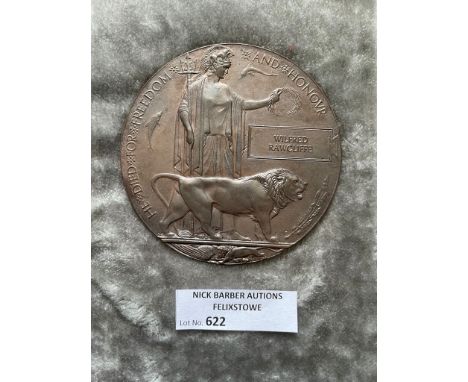 Militaria : 622.Memorial plaque to Wilfred Rawcliffe 33644 16th Bn Manchester Regiment. Died 31st July 1917 remembered with h