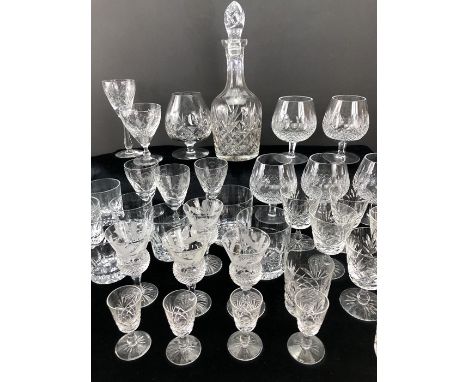 Collection of glassware to include five Waterford Colleen brandy balloons, six thistle sherry glasses plus further cut glass 