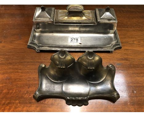 Two metal Art Deco desk sets both with original ink wells (one ceramic and one glass)