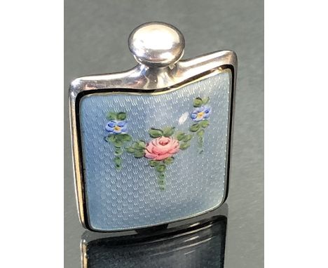 Silver and enamel perfume flask c1940, marked Sterling to base (possibly by Gorham) of square form decorated with flowers (sc