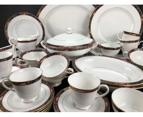 Part Royal Worcester dinner service in the Prince Regent design to include 7 dinner plates, 8 side plates, 8 soup bowls, 8 ca