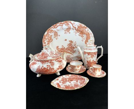 Extensive Royal Crown Derby Red Aves pattern part dinner, tea and coffee service with printed red birds and floral and gilt b