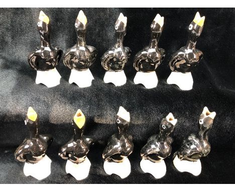 Collection of ten ceramic pie funnels in the form of blackbirds, four stamped Midwinter England, two stamped Made in England 