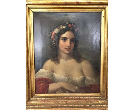 19th Century school - portrait of a girl with flowers in her hair, oil on canvas approx 56cm x 46cm (signature three initials