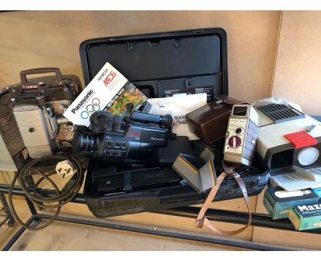 Collection of vintage camera/film equipment to include Panasonic -C Movie camcorder in case, Paximat portable slide projector