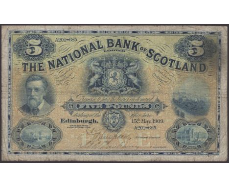 National Bank of Scotland Limited, £5, 15 May 1909, serial number A201-685, two manuscript signatures, pinholes, minor wear a