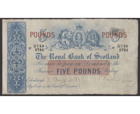Royal Bank of Scotland, £5, 1 August 1918, serial number E749/9764, two manuscript signatures, grease stain at top right, goo