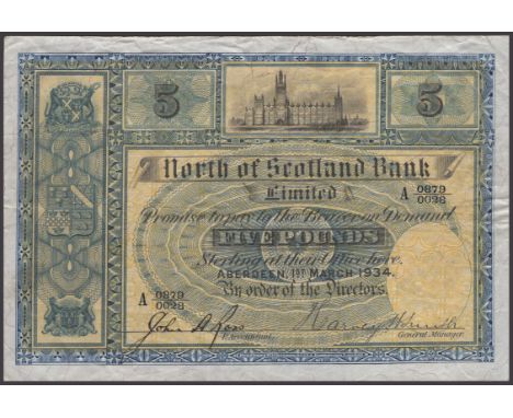 North of Scotland Bank Limited, £5, 1 March 1934, serial number A 0879/0028, manuscript signature of Ross, printed Harvey Smi